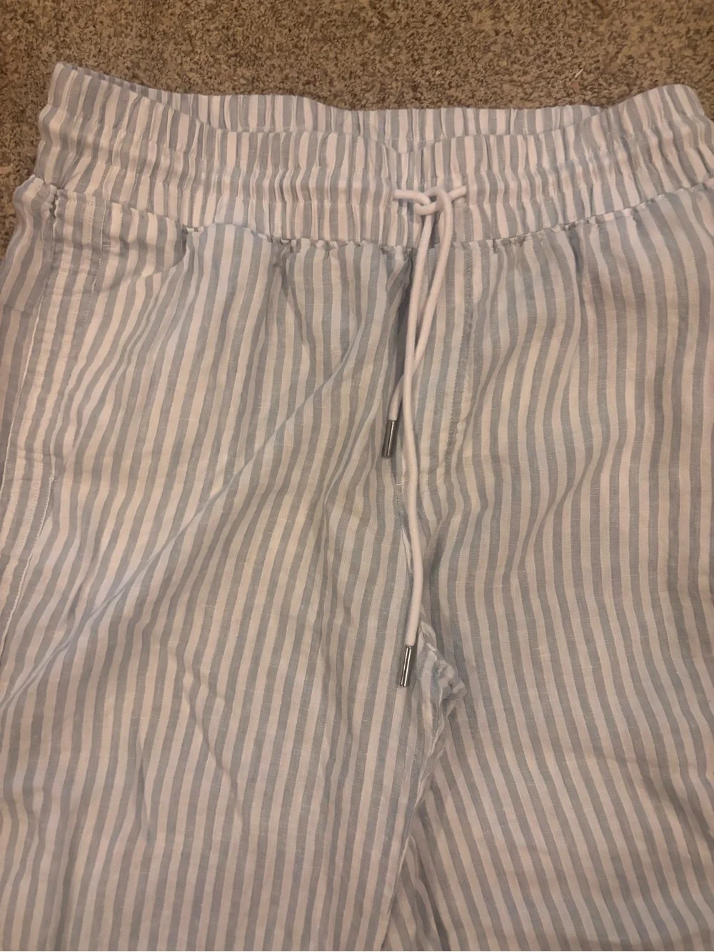 Quince Light Blue & White Striped Cropped Wide-Leg Linen Blend Pants